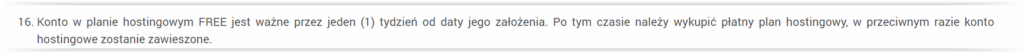 Komunikat o koncie hostingowym FREE ważnym przez 1 tydzień i konieczności wykupienia planu płatnego