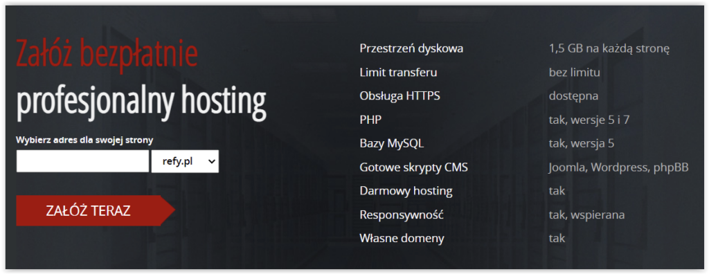 Reklama bezpłatnego hostingu z formularzem wyboru domeny i listą funkcji, m.in. HTTPS, PHP i MySQL.