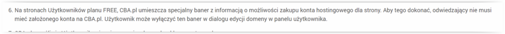 Tekst informacyjny po polsku o banerze CBA.pl dla użytkowników planu FREE dotyczący zakupu hostingu.