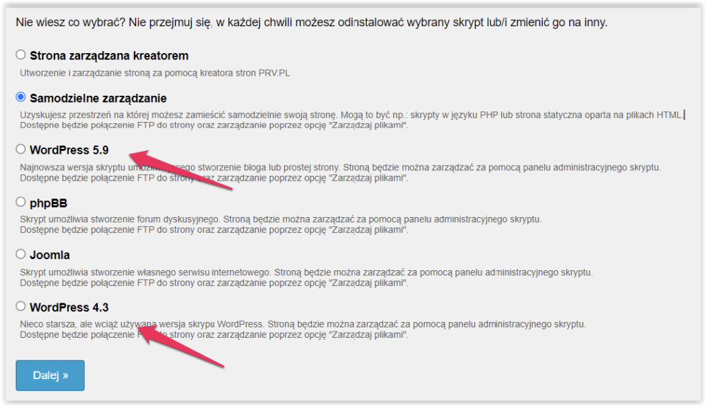 Wybór skryptu CMS: Samodzielne zarządzanie, WordPress, phpBB, Joomla oraz przycisk Dalej