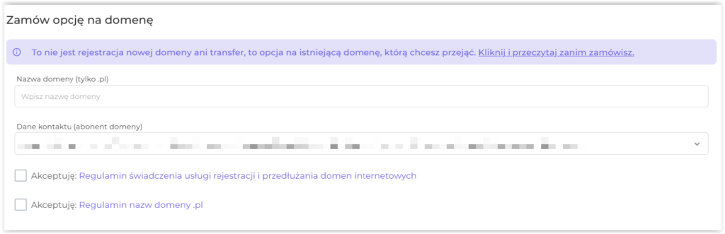 Formularz zamówienia opcji na domenę .pl z polem nazwy domeny i akceptacją regulaminów