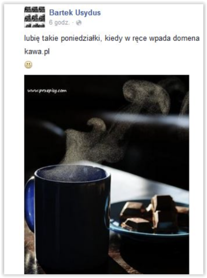 Grafika z kubkiem kawy i czekoladą, z podpisem o poniedziałku i domenie kawa.pl