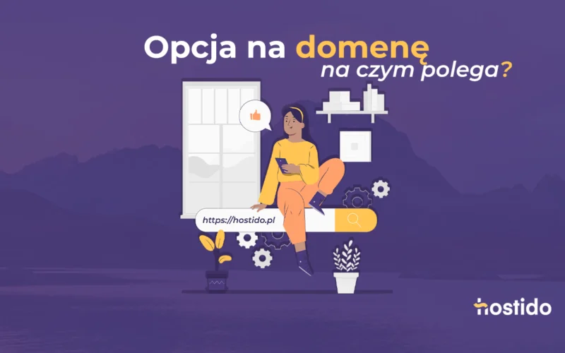 Ilustracja: opcja na domenę – na czym polega? z ikoną wyszukiwania i adresem hostido.pl