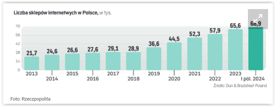 Wykres wzrostu liczby sklepów internetowych w Polsce w latach 2013–1 poł. 2024.