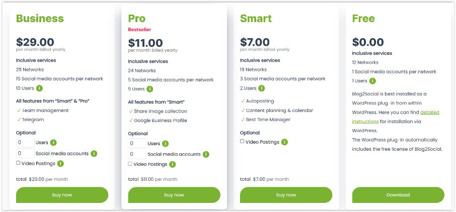 Cennik planów Business, Pro, Smart i Free z cenami oraz przyciskami zakupu i pobrania