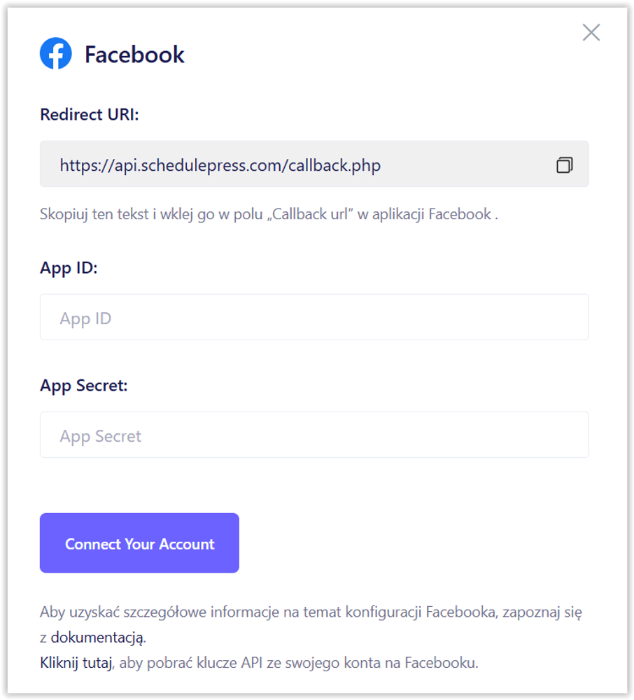 Okno konfiguracji integracji Facebook z polami Redirect URI, App ID i App Secret oraz przyciskiem Connect Your Account