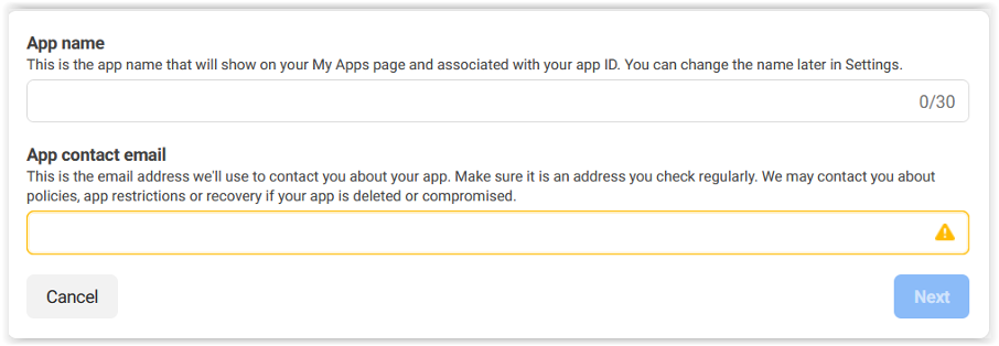 Formularz tworzenia aplikacji z polami nazwy aplikacji i e-maila kontaktowego oraz przyciskiem Next.