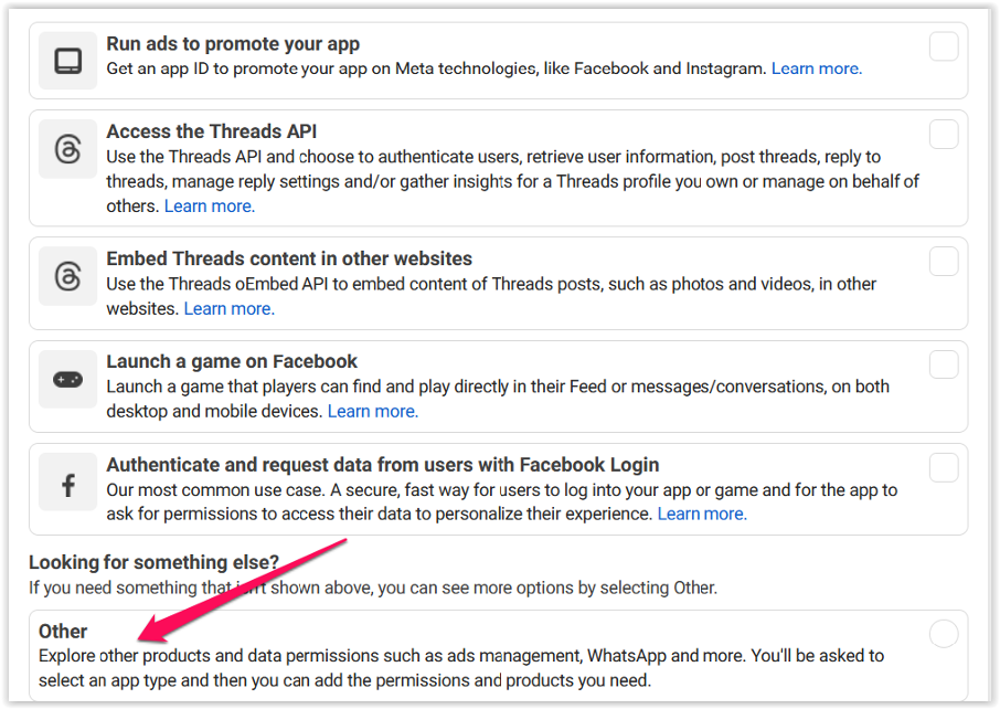 Zrzut ekranu z listą opcji aplikacji Meta i zaznaczoną strzałką opcją Other.