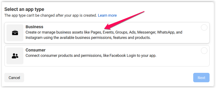 Ekran wyboru typu aplikacji: Business lub Consumer, z zaznaczeniem opcji Business strzałką.