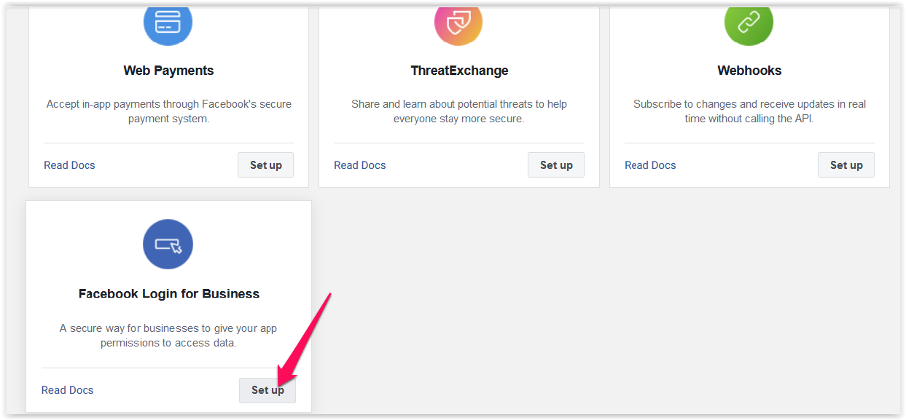 Panel aplikacji Facebook z kafelkami Web Payments, ThreatExchange, Webhooks i przyciskiem Set up wskazanym strzałką