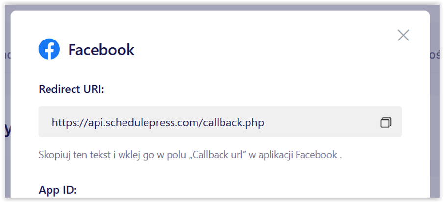 Okno Facebook z adresem Redirect URI do skopiowania: api.schedulepress.com/callback.php