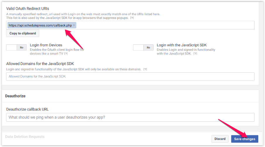 Ekran ustawień OAuth z polem Valid OAuth Redirect URIs i przyciskiem Save changes oraz strzałkami wskazującymi elementy.