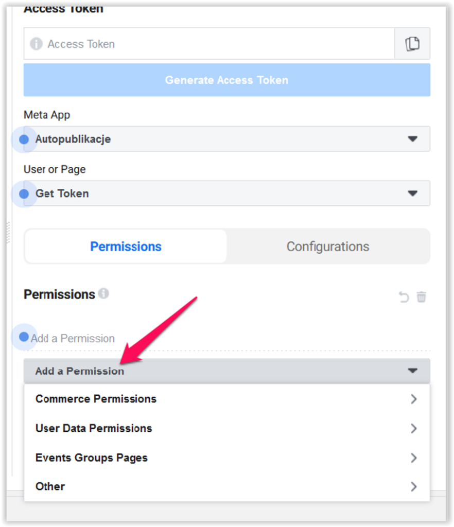 Panel generowania tokenu dostępu Meta App z otwartą listą uprawnień do wyboru