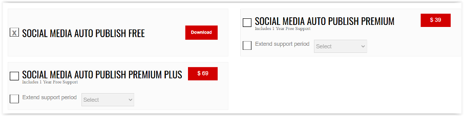 Panel wyboru pakietów Social Media Auto Publish: Free, Premium i Premium Plus z cenami i opcją pobrania