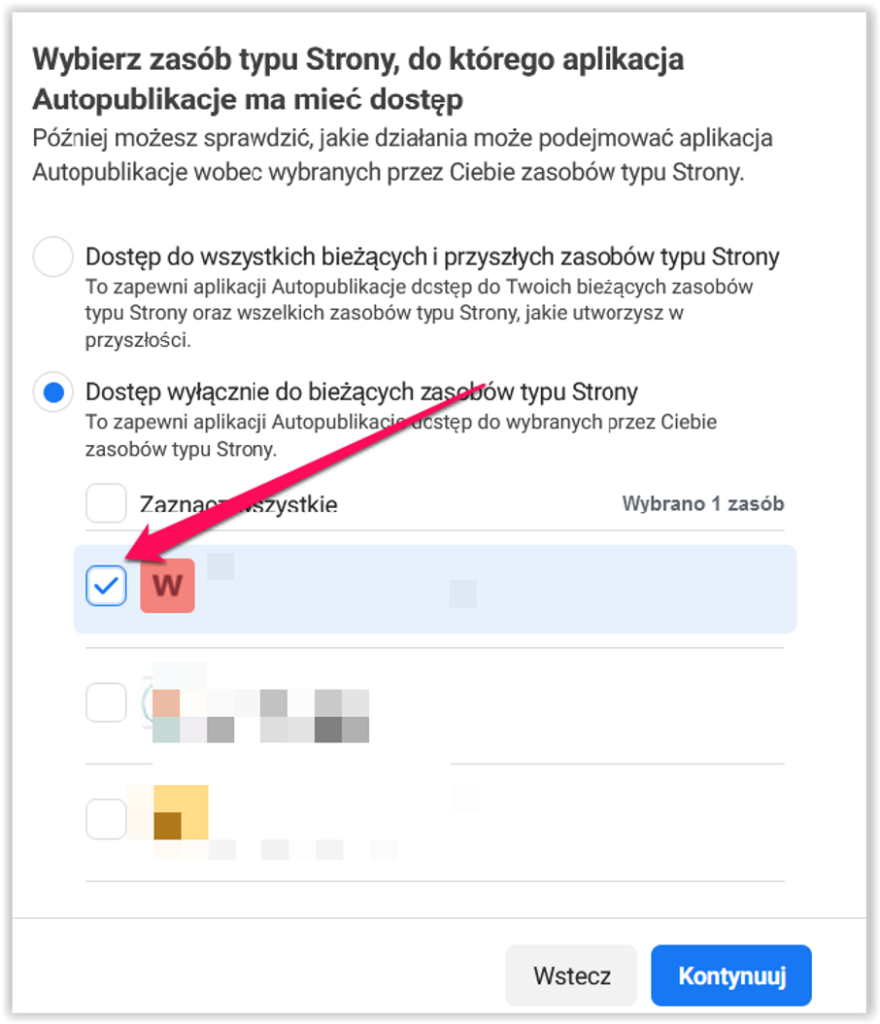 Okno wyboru dostępu aplikacji do zasobu Strony z zaznaczoną jedną stroną i przyciskiem Kontynuuj