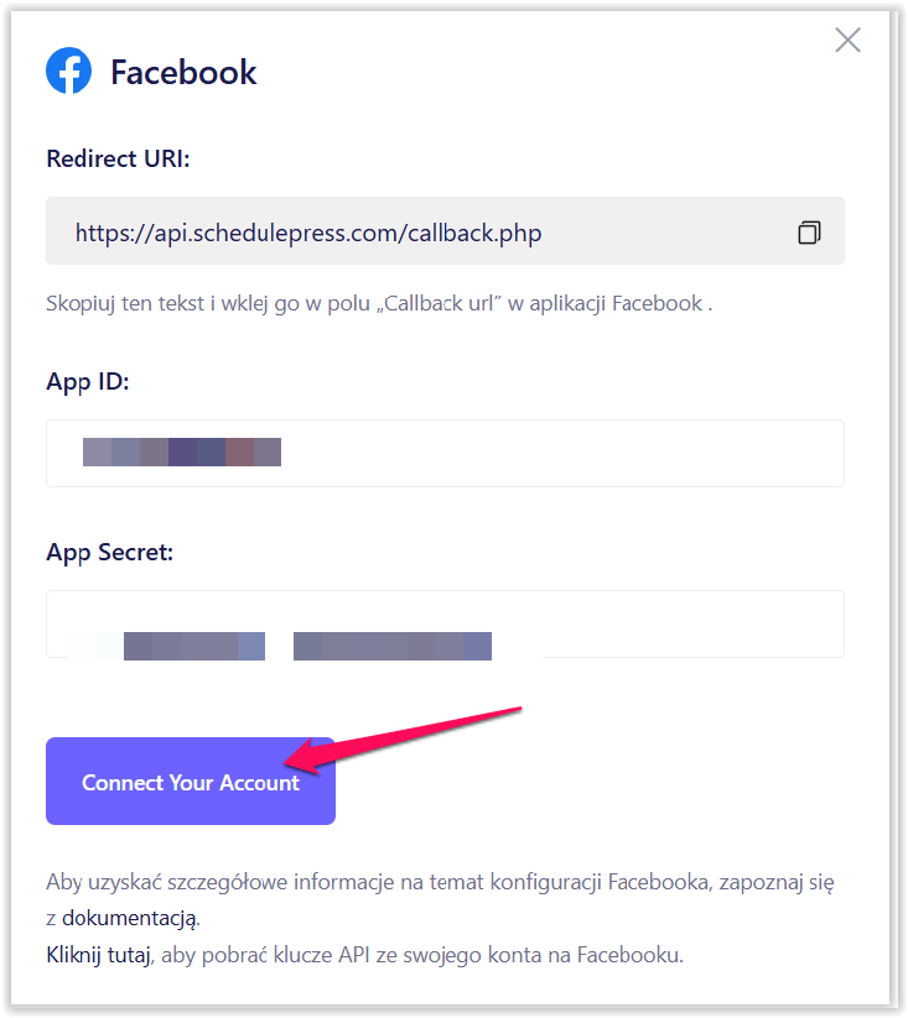 Ekran konfiguracji integracji Facebook z polami Redirect URI, App ID, App Secret i przyciskiem Connect Your Account