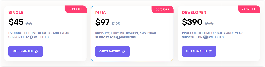Tabela cen z trzema planami: Single, Plus i Developer, z rabatami 30%, 50% i 60% oraz przyciskiem Get Started