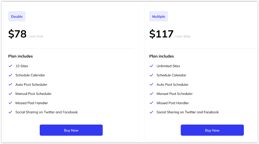 Porównanie planów cenowych: Double za 78 USD i Multiple za 117 USD z listą funkcji i przyciskiem Buy Now