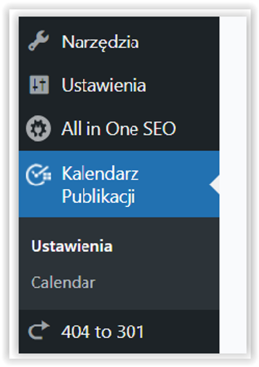 Menu panelu WordPress z wtyczką All in One SEO i opcją Kalendarz publikacji, Ustawienia oraz 404 to 301
