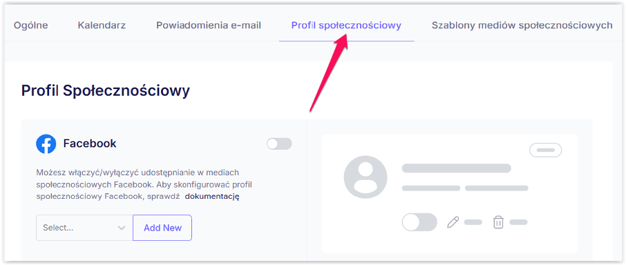 Zrzut ekranu ustawień „Profil Społecznościowy” z aktywną zakładką i opcjami Facebooka.