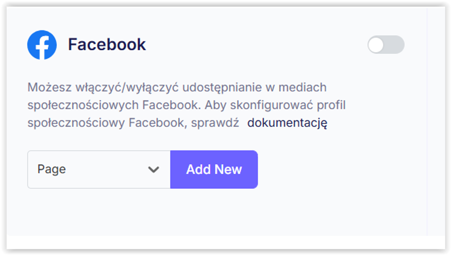 Panel konfiguracji Facebook z przełącznikiem, opisem integracji i przyciskiem Add New