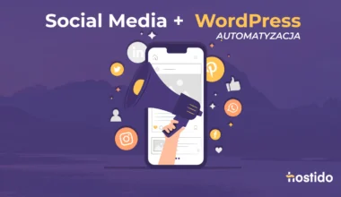 Automatyzacja social media i WordPress: megafon, smartfon oraz ikony mediów społecznościowych