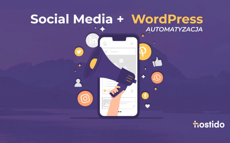 Automatyzacja social media i WordPress: megafon, smartfon oraz ikony mediów społecznościowych