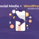 Automatyzacja social media i WordPress: megafon, smartfon oraz ikony mediów społecznościowych