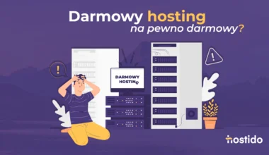 Grafika o darmowym hostingu z serwerami, ostrzeżeniem i napisem czy na pewno darmowy?