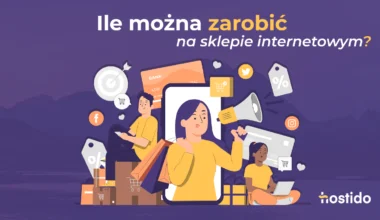 Ile można zarobić na sklepie internetowym? Ilustracja e-commerce z zakupami i marketingiem online.