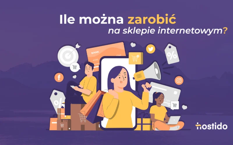 Ile można zarobić na sklepie internetowym? Ilustracja e-commerce z zakupami i marketingiem online.