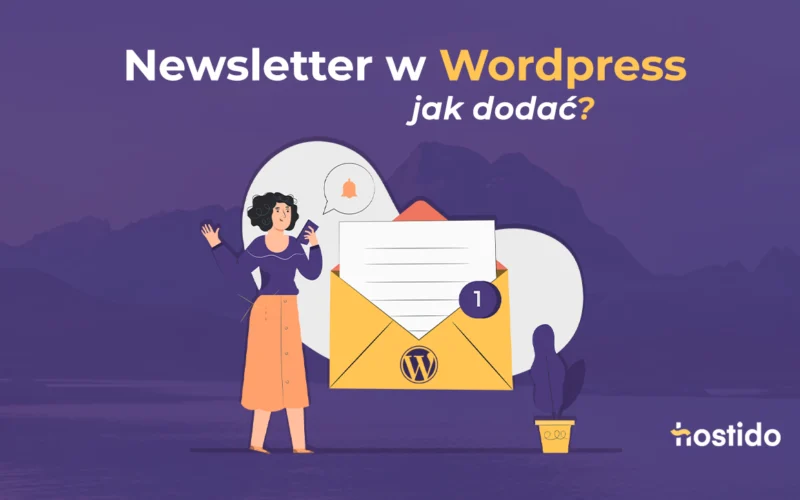 Newsletter w WordPress – jak dodać? Grafika do artykułu o konfiguracji newslettera, z ikoną koperty i logo WordPress.