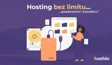 Grafika do artykułu o hostingu bez limitu powierzchni i transferu: dysk, serwer, pliki i osoba przy komputerze na fioletowym tle.