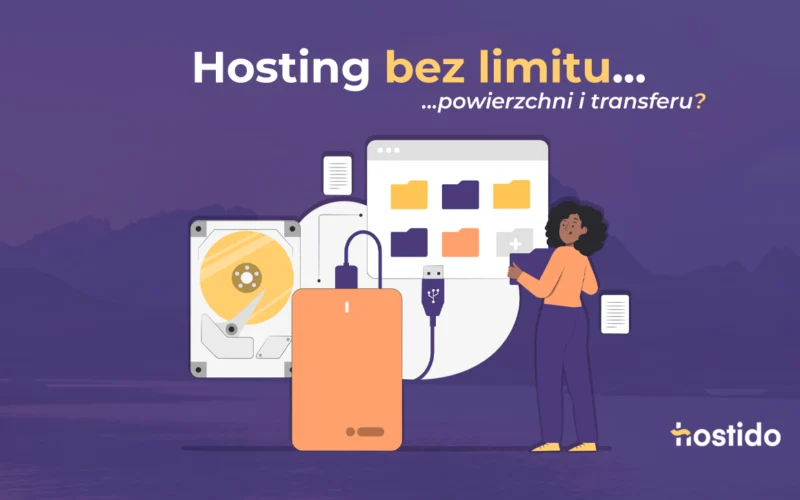 Grafika do artykułu o hostingu bez limitu powierzchni i transferu: dysk, serwer, pliki i osoba przy komputerze na fioletowym tle.