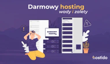 Grafika do artykułu „Darmowy hosting – wady i zalety”: serwery, ostrzeżenia i zmartwiony użytkownik przy bezpłatnym hostingu.