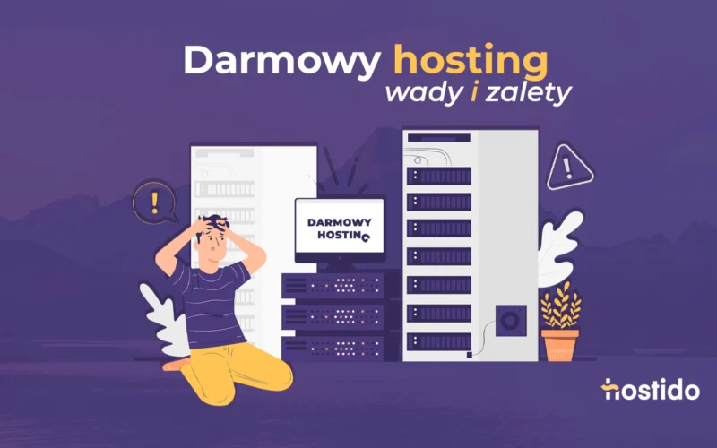 Grafika do artykułu „Darmowy hosting – wady i zalety”: serwery, ostrzeżenia i zmartwiony użytkownik przy bezpłatnym hostingu.