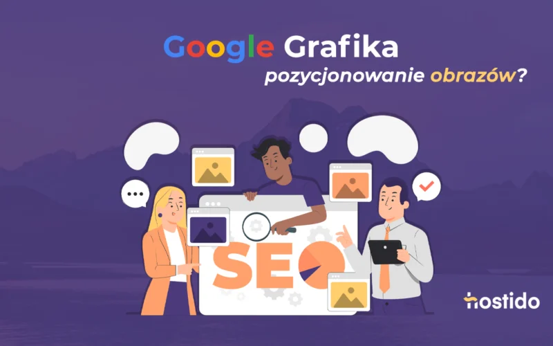 Grafika o SEO obrazów w Google Grafika z zespołem analizującym pozycjonowanie obrazów i znaczenie optymalizacji dla wyników wyszukiwania.
