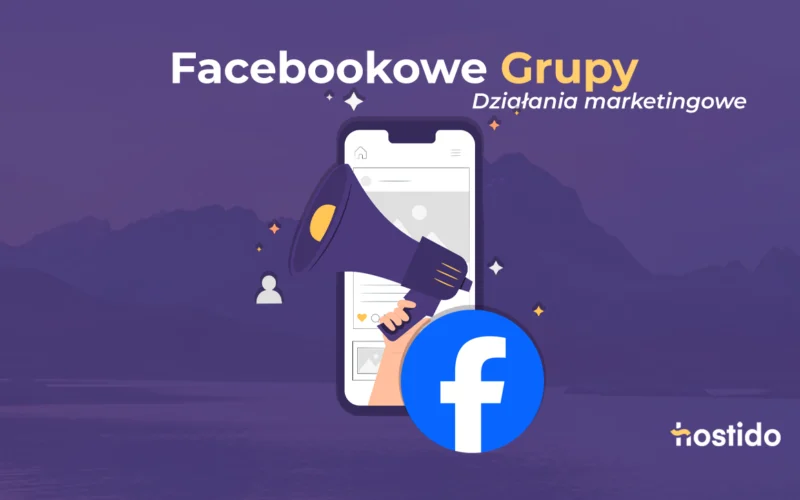 Facebookowe grupy – działania marketingowe z megafonem i ikoną Facebooka, grafika do artykułu o marketingu w grupach Facebooka.