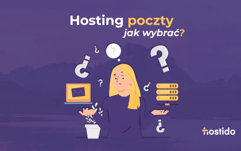 Grafika do artykułu „Hosting poczty – jak wybrać?”: kobieta z ikonami maila, serwerów i znaków zapytania na fioletowym tle.