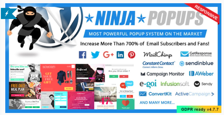 Baner Ninja Popups z napisem „most powerful popup system” i logotypami integracji marketingowych