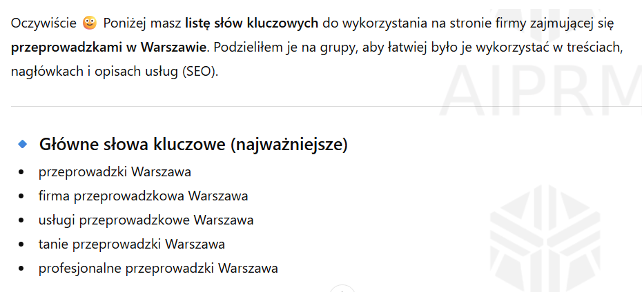 Lista słów kluczowych SEO dla firmy przeprowadzkowej w Warszawie: przeprowadzki, usługi, tanie i profesjonalne.