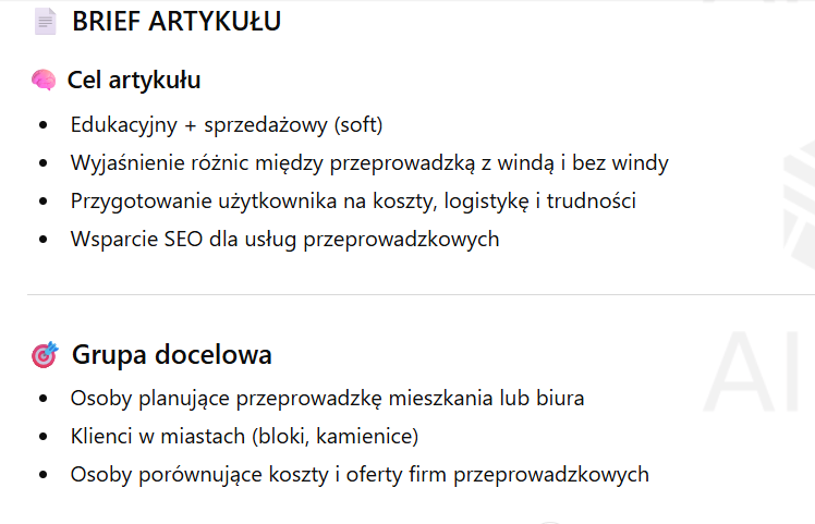 Brief artykułu o przeprowadzce: cele tekstu, grupa docelowa oraz SEO dla usług przeprowadzkowych