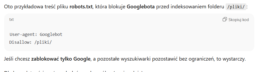 Przykładowa treść robots.txt blokująca Googlebota przed indeksowaniem folderu /pliki/