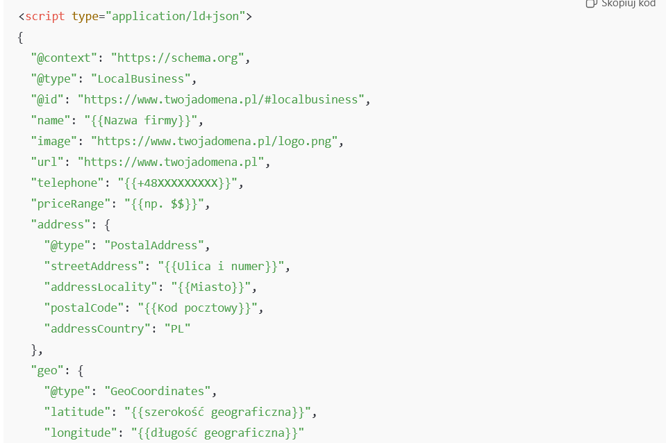 Fragment kodu JSON-LD schema.org dla LocalBusiness z danymi firmy, adresem, telefonem i współrzędnymi GPS
