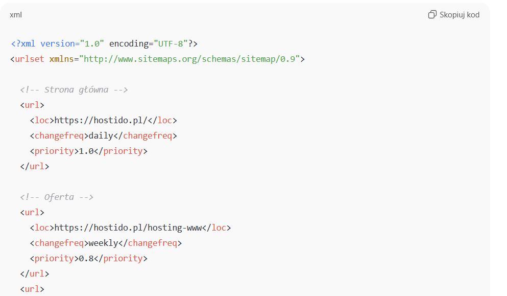 Fragment pliku XML sitemap z adresami URL i ustawieniami changefreq oraz priority.