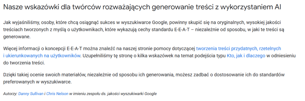 Zrzut ekranu z artykułem o tworzeniu treści AI i standardach E-E-A-T w wyszukiwarce Google