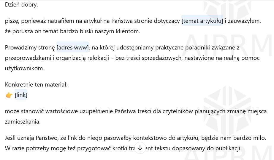 Szablon wiadomości z prośbą o publikację linku do artykułu o przeprowadzkach i relokacji