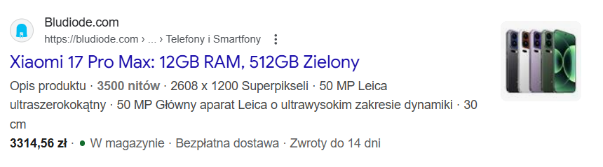 Oferta Xiaomi 17 Pro Max 12GB/512GB w kolorze zielonym z ceną 3314,56 zł i darmową dostawą