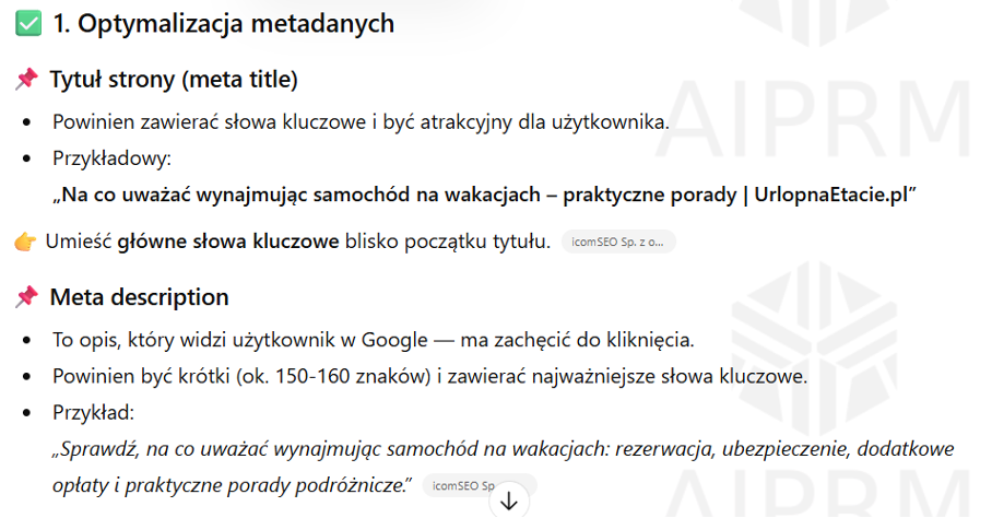 Slajd o optymalizacji metadanych SEO: meta title, meta description i słowa kluczowe
