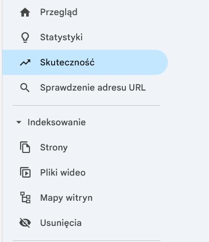 Panel boczny Google Search Console z zaznaczoną sekcją Skuteczność i menu indeksowania stron.